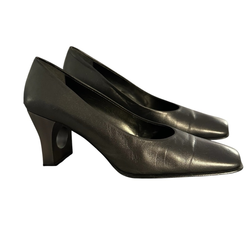 Proxy Spain square toe Heels. size 6.5. Grey metallic. Cut out circle in heel.‎